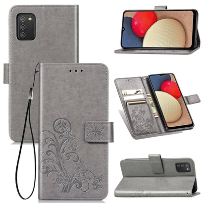 Gray embossed leather wallet phone case with lanyard, card slot, and viewing stand