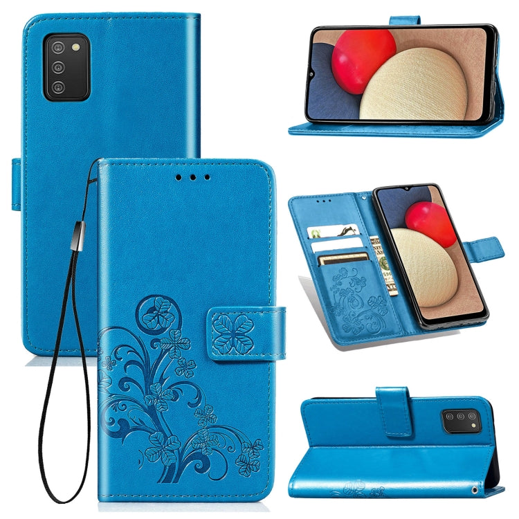 Blue embossed leather wallet phone case with lanyard, card slot, and stand