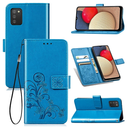 Blue embossed leather wallet phone case with lanyard, card slot, and stand