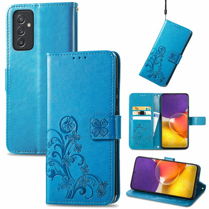 Blue leather wallet phone case with embossed floral pattern, clasp, card slots, lanyard