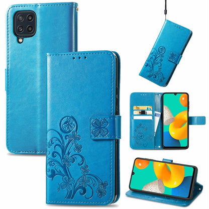 Blue leather wallet phone case with embossed floral pattern, clasp, card slots, lanyard