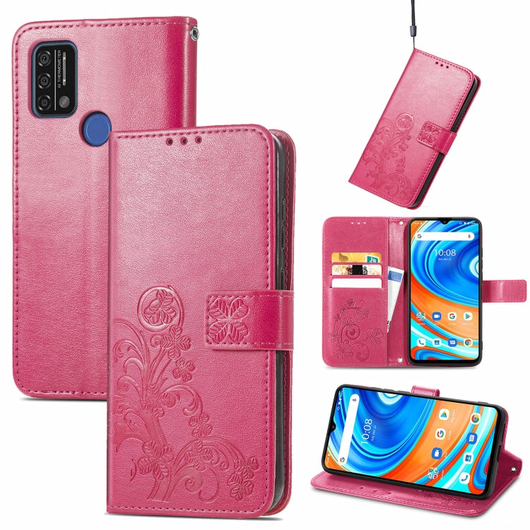 Magenta pink leather wallet phone case with embossed floral pattern, clasp, card slots, lanyard