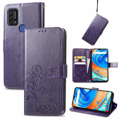 Purple leather wallet phone case, embossed floral, lanyard, card slots, stand