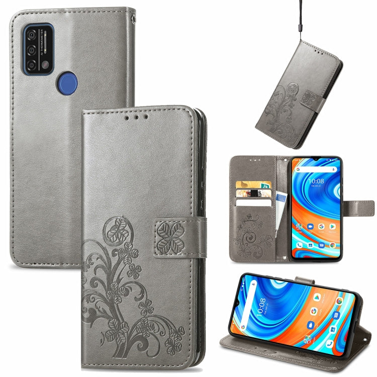 Gray leather wallet phone case, embossed floral, lanyard, card slots, stand