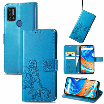 Blue leather wallet phone case, embossed floral, lanyard, card slots, stand