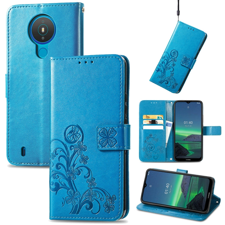 Bright blue embossed leather wallet phone case with lanyard, card slots, and flip stand