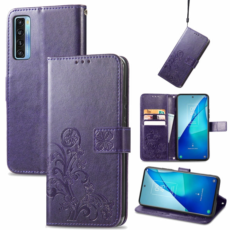 Dark purple leather wallet phone case, embossed floral, lanyard, card slots, stand