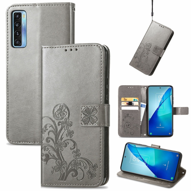 Light gray leather wallet phone case, embossed floral, lanyard, card slots, stand