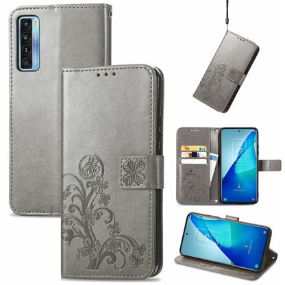 Light gray leather wallet phone case, embossed floral, lanyard, card slots, stand