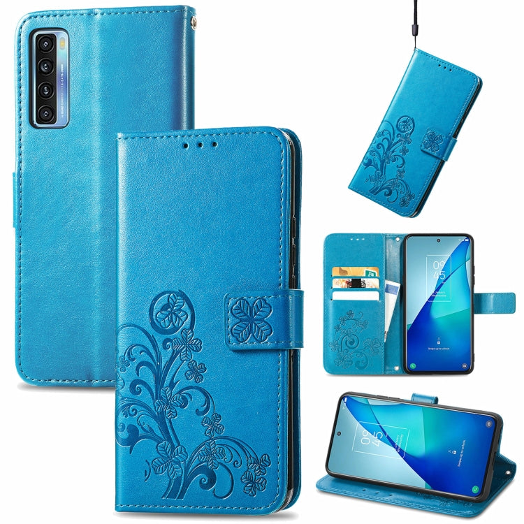 Blue embossed leather wallet phone case with lanyard, card slots, and flip stand
