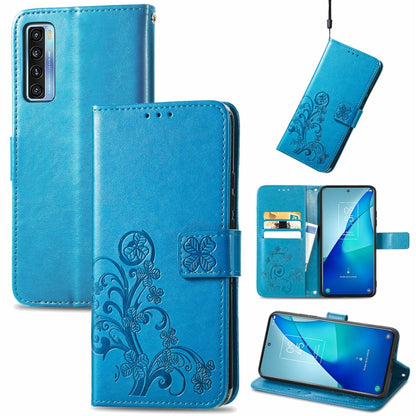 Blue embossed leather wallet phone case with lanyard, card slots, and flip stand