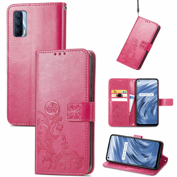 Pink embossed leather wallet phone case with lanyard, card slots, and flip stand