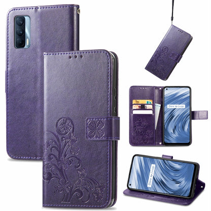 Purple embossed leather wallet phone case with lanyard, card slots, and flip stand