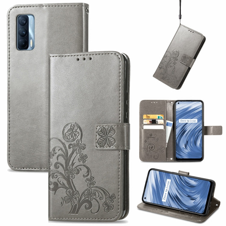 Light gray embossed leather wallet phone case with lanyard, card slots, and flip stand