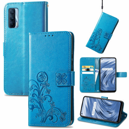 Blue embossed leather wallet phone case with lanyard, card slots, and flip stand