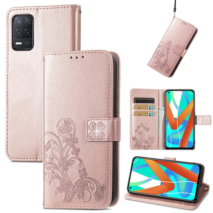 Rose pink embossed leather wallet phone case with lanyard and card slots, clasp buckle