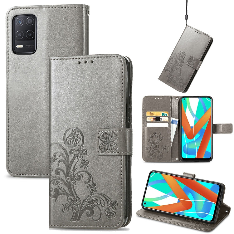 Gray embossed leather wallet phone case with lanyard and card slots, clasp buckle