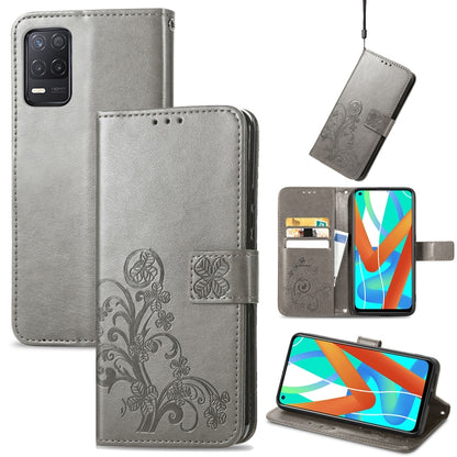Gray embossed leather wallet phone case with lanyard and card slots, clasp buckle