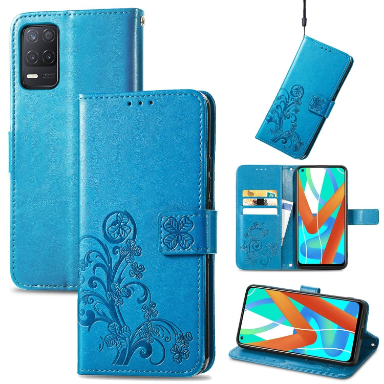 Blue embossed leather wallet phone case with lanyard and card slots, clasp buckle