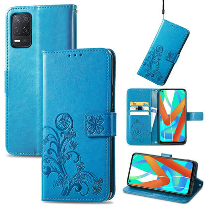 Blue embossed leather wallet phone case with lanyard and card slots, clasp buckle