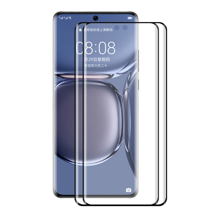 Curved tempered glass screen protector pair over a smartphone with blue display behind.