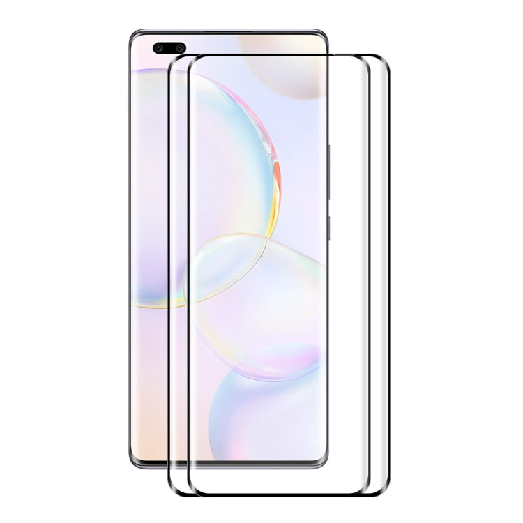 Tempered glass screen protector pair for curved full coverage, layered over a smartphone front.