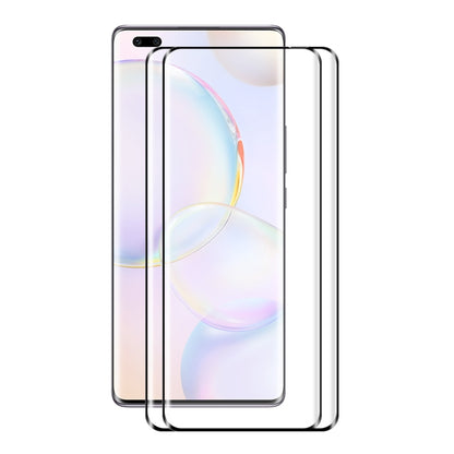 Tempered glass screen protector pair for curved full coverage, layered over a smartphone front.