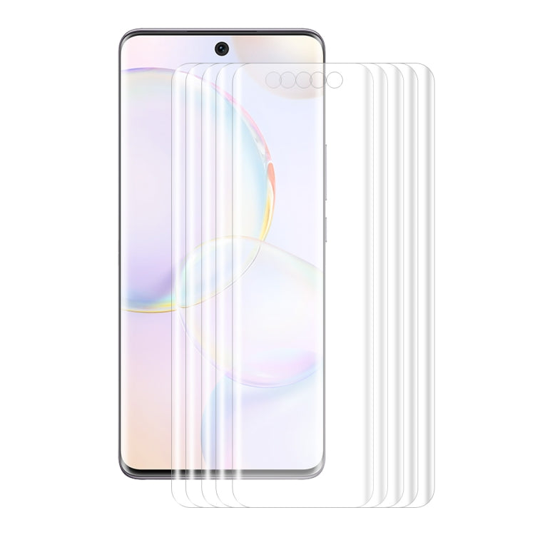 Curved clear PET screen protector film set shown behind phone