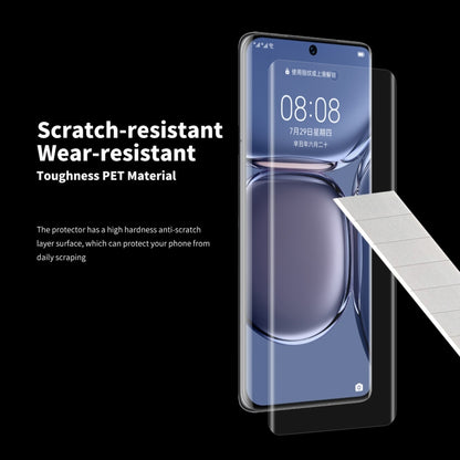 Tough PET screen protector film set with curved cutout for smartphone display