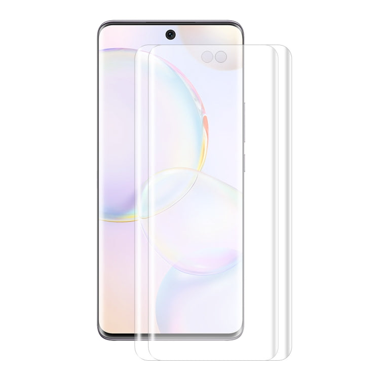 Curved PET screen protector film set behind smartphone, transparent