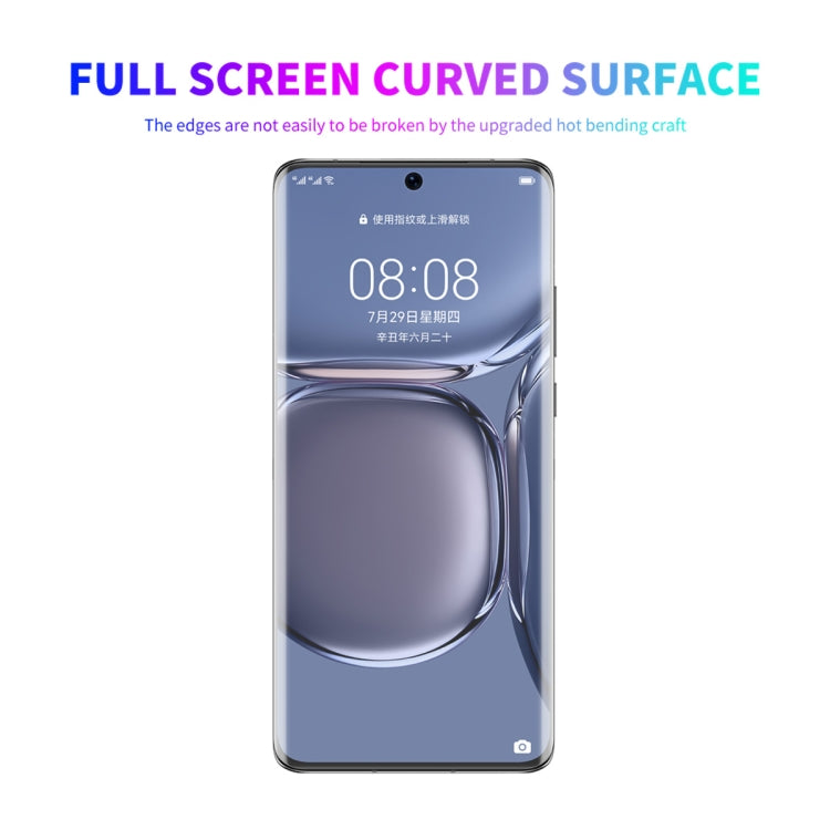 Curved PET screen protector film covering smartphone display, transparent and clear