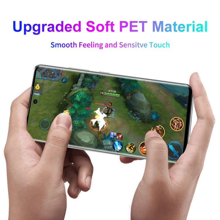 Soft PET screen protector film on smartphone screen for smooth touch, curved clear cover