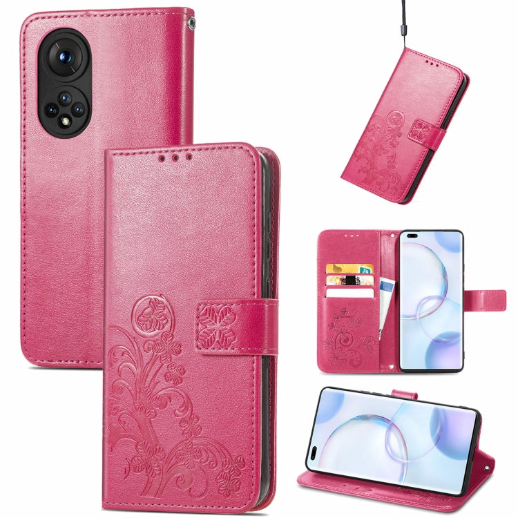 Magenta embossed leather flip phone case with lanyard, card slots and wallet, open view