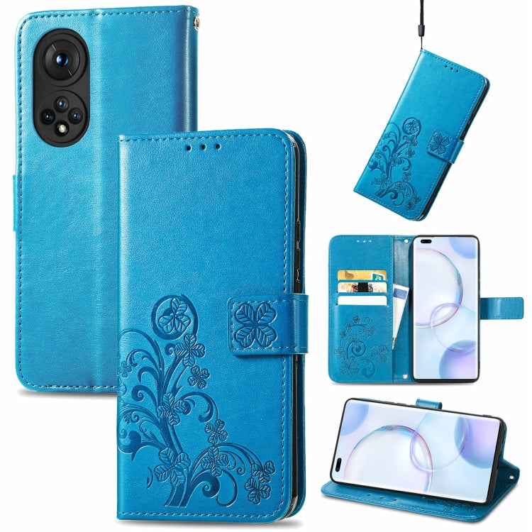 Bright blue embossed leather wallet phone case with four-leaf clasp, lanyard, card slot, stand