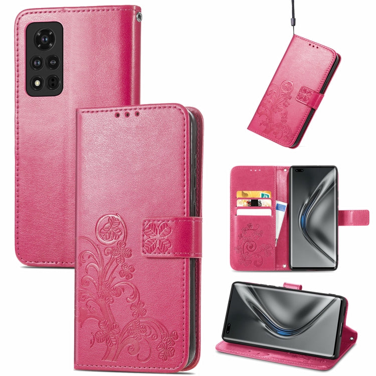 Magenta embossed leather wallet phone case with clasp, lanyard, and card slots
