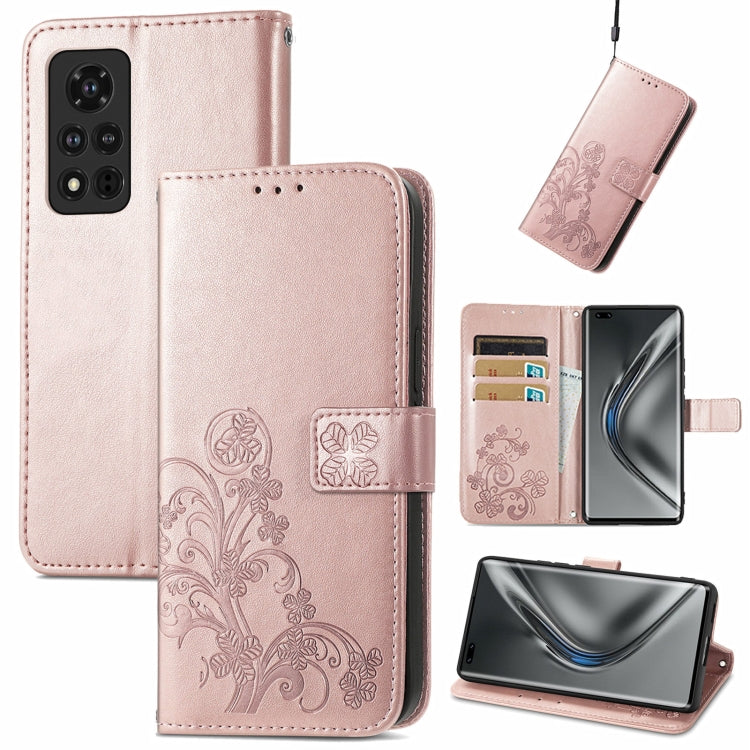 Rose-pink embossed leather wallet phone case with clasp, lanyard, and card slots