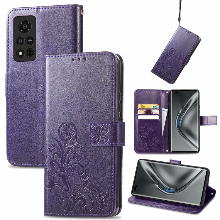 Purple embossed leather wallet phone case with lanyard, card slot, and stand support.
