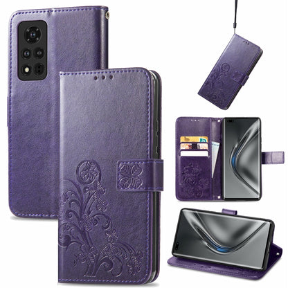 Purple embossed leather wallet phone case with lanyard, card slot, and stand support.