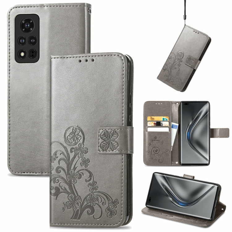 Gray embossed leather wallet phone case with lanyard, card slot, and stand support.