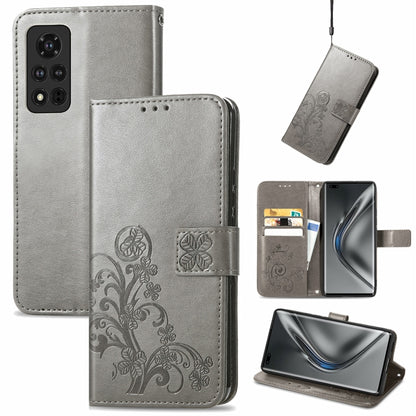 Gray embossed leather wallet phone case with lanyard, card slot, and stand support.