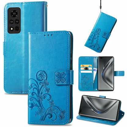 Blue embossed leather wallet phone case with lanyard, card slot, and stand support.