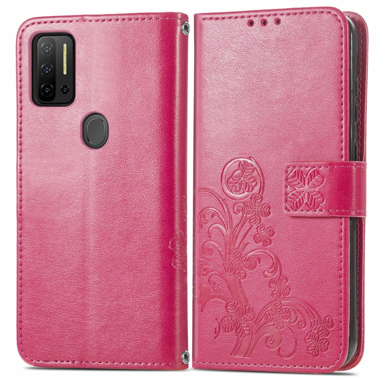 Magenta embossed leather flip phone case with card slot and magnetic clasp, close-up
