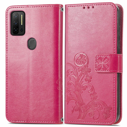 Magenta embossed leather flip phone case with card slot and magnetic clasp, close-up