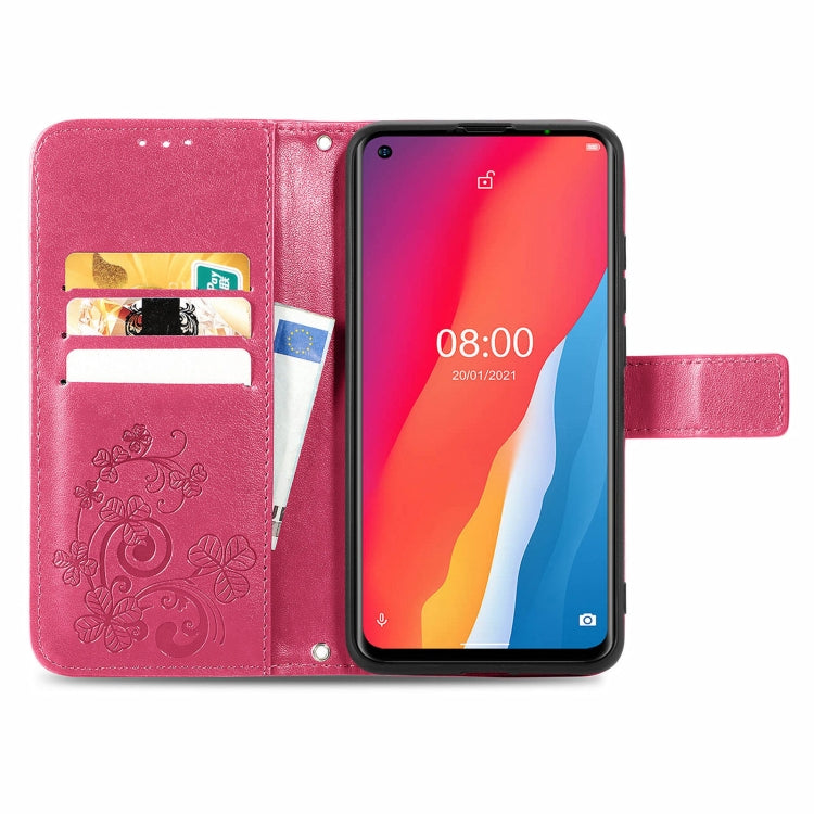 Magenta embossed leather flip phone case with card slots, open wallet pocket, stand