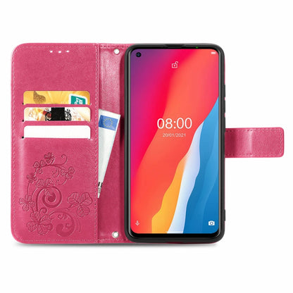 Magenta embossed leather flip phone case with card slots, open wallet pocket, stand