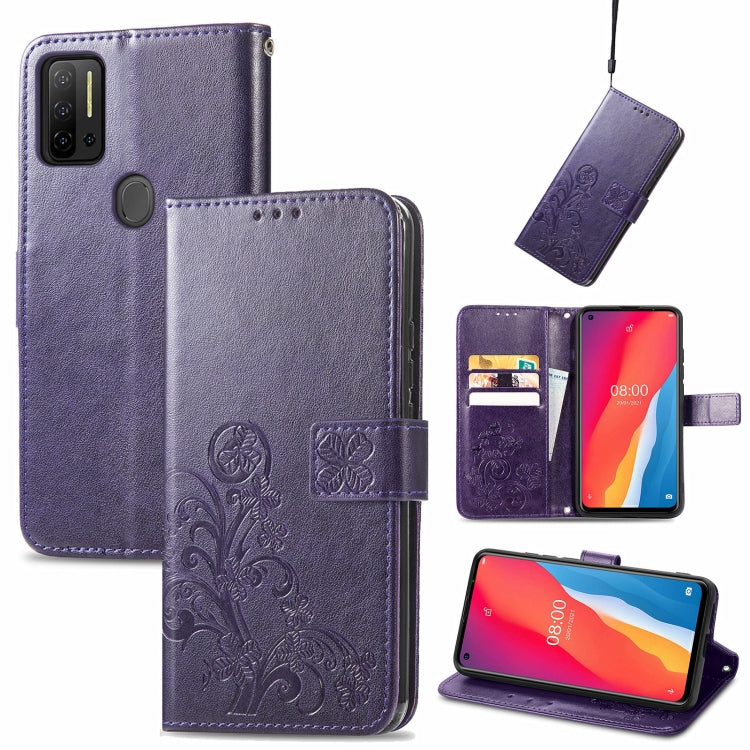 Purple embossed leather flip phone case with lanyard, card slots, wallet and stand