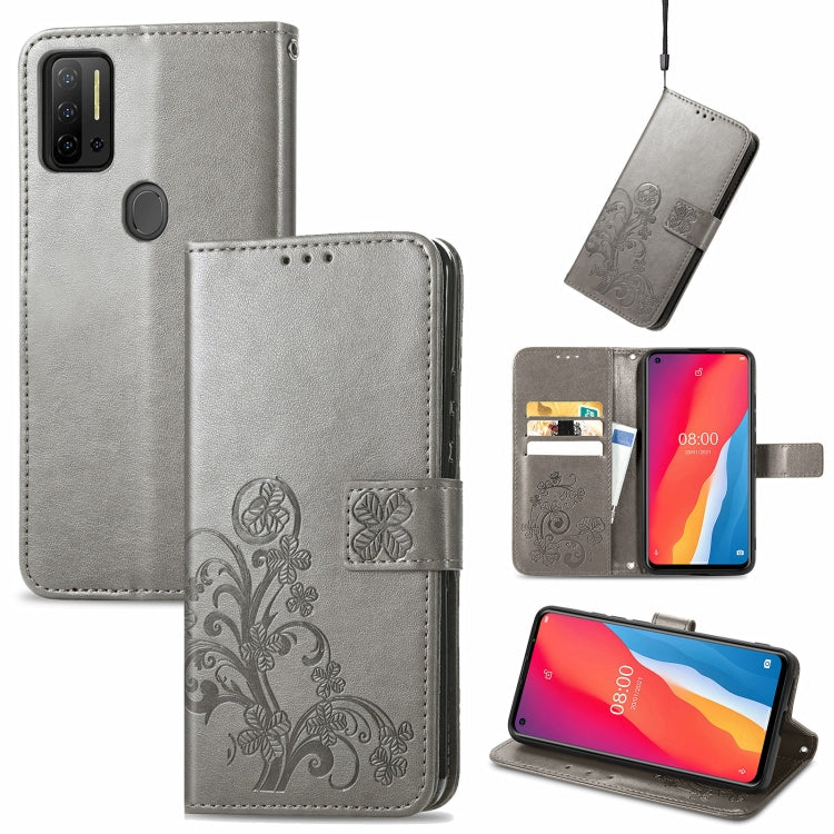 Gray embossed leather flip phone case with lanyard, card slot, wallet and stand