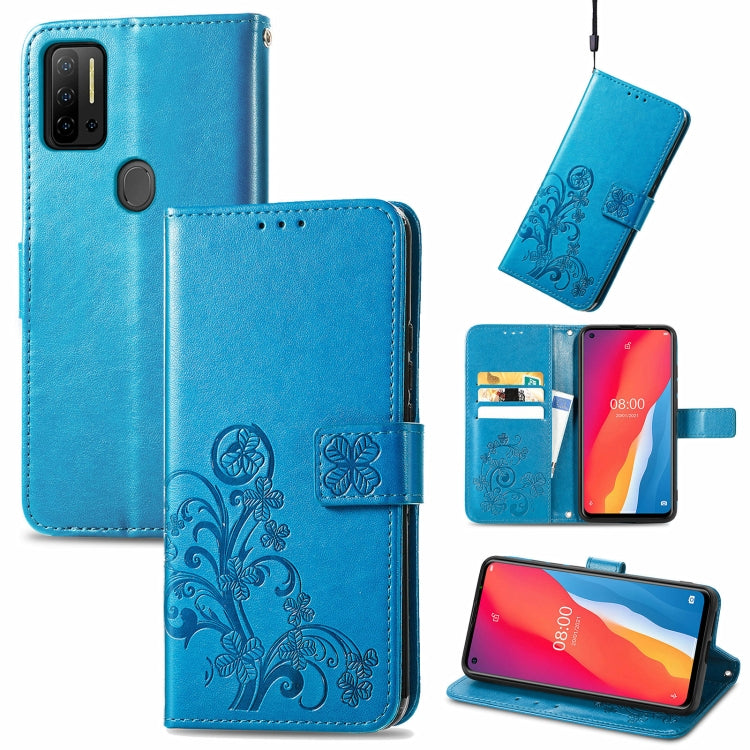 Blue embossed leather flip phone case with lanyard, card slots, wallet and stand