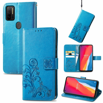 Blue embossed leather flip phone case with lanyard, card slots, wallet and stand