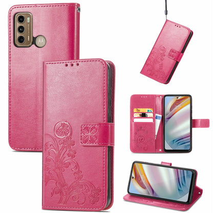 Magenta embossed leather wallet phone case with four-leaf clasp, lanyard, card slot, stand
